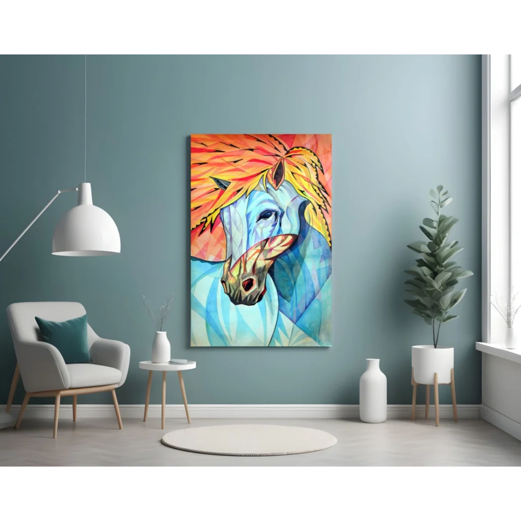 Fiery Blue Horse Glass Wall Art Abstract Print | Contemporary Home Wall Art | vintageantiquesgifts.com