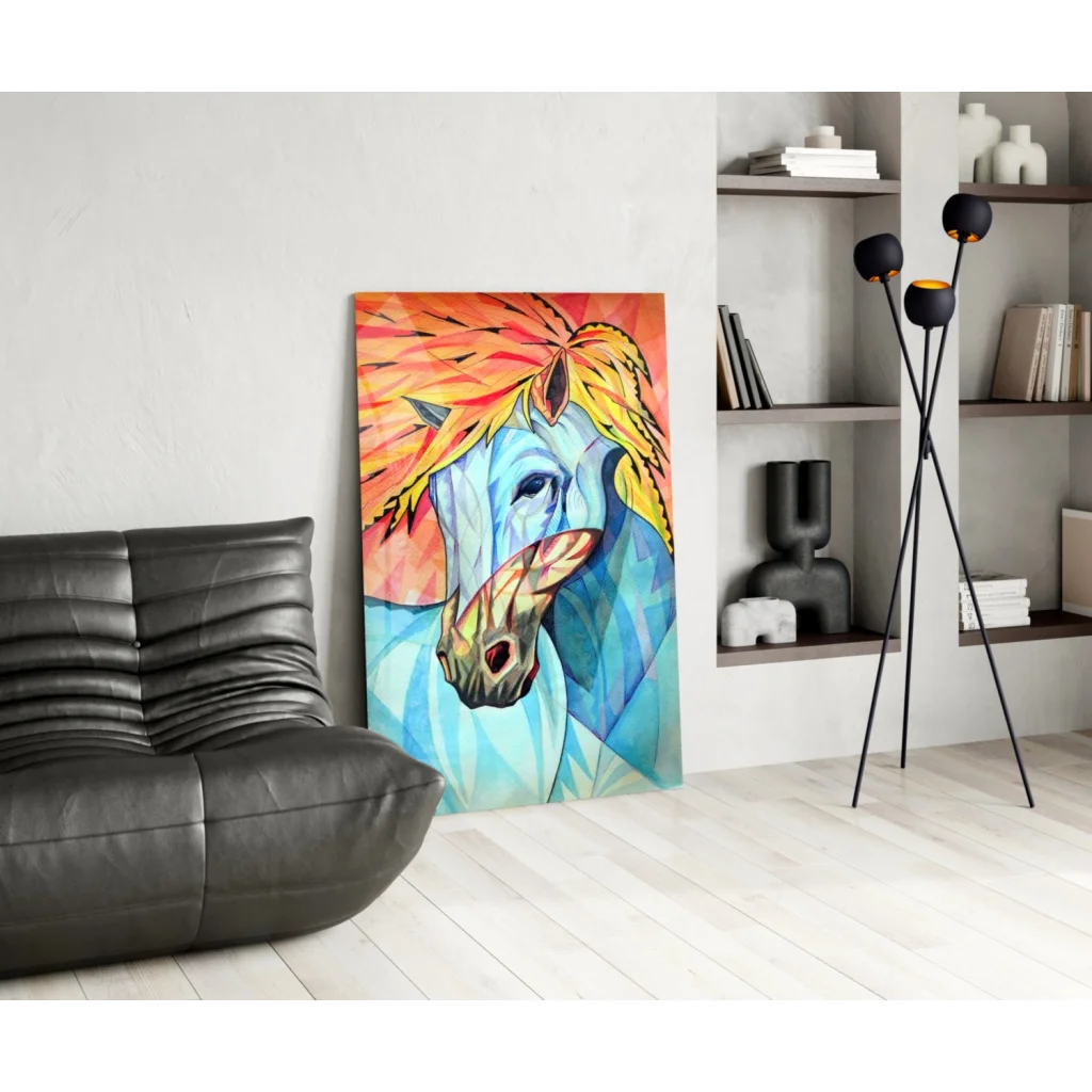 Vibrant blue horse with fiery mane on glass wall art print