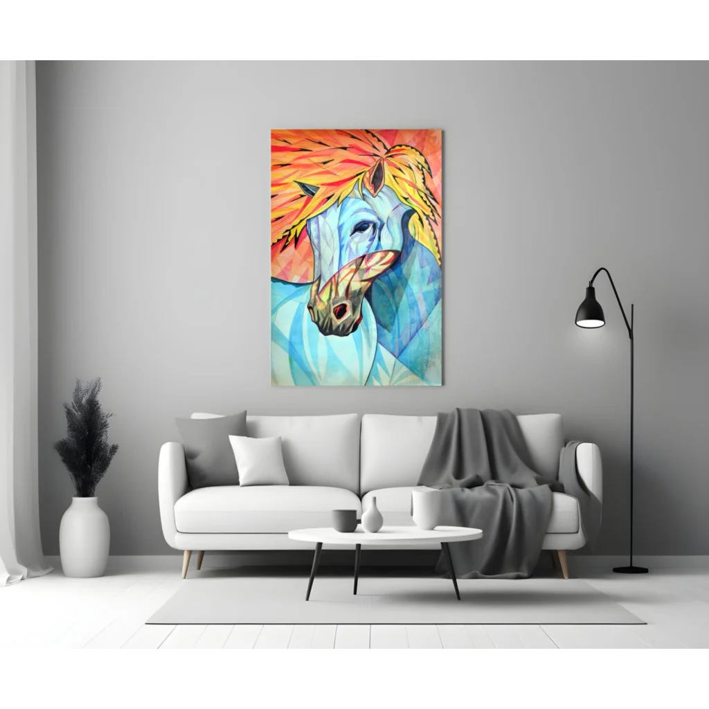 Fiery Blue Horse Glass Wall Art Abstract Print | Modern Wall Art Decor | vintageantiquesgifts.com