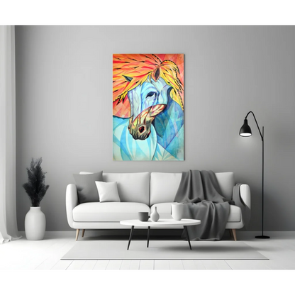 Fiery Blue Horse Glass Wall Art Abstract Print | Modern Wall Art Decor | vintageantiquesgifts.com