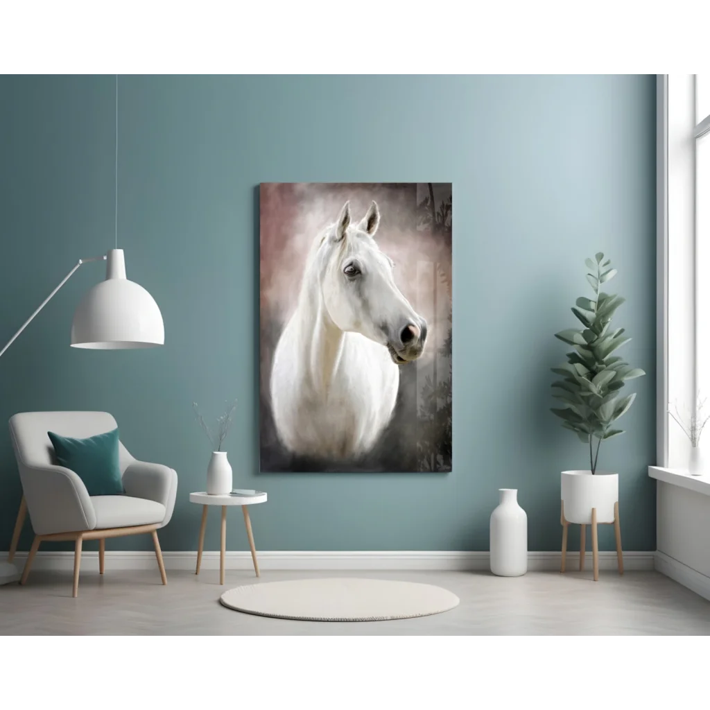 Majestic White Horse Canvas Wall Art With Dreamy Brushstrokes | Contemporary Home Wall Art | vintageantiquesgifts.com