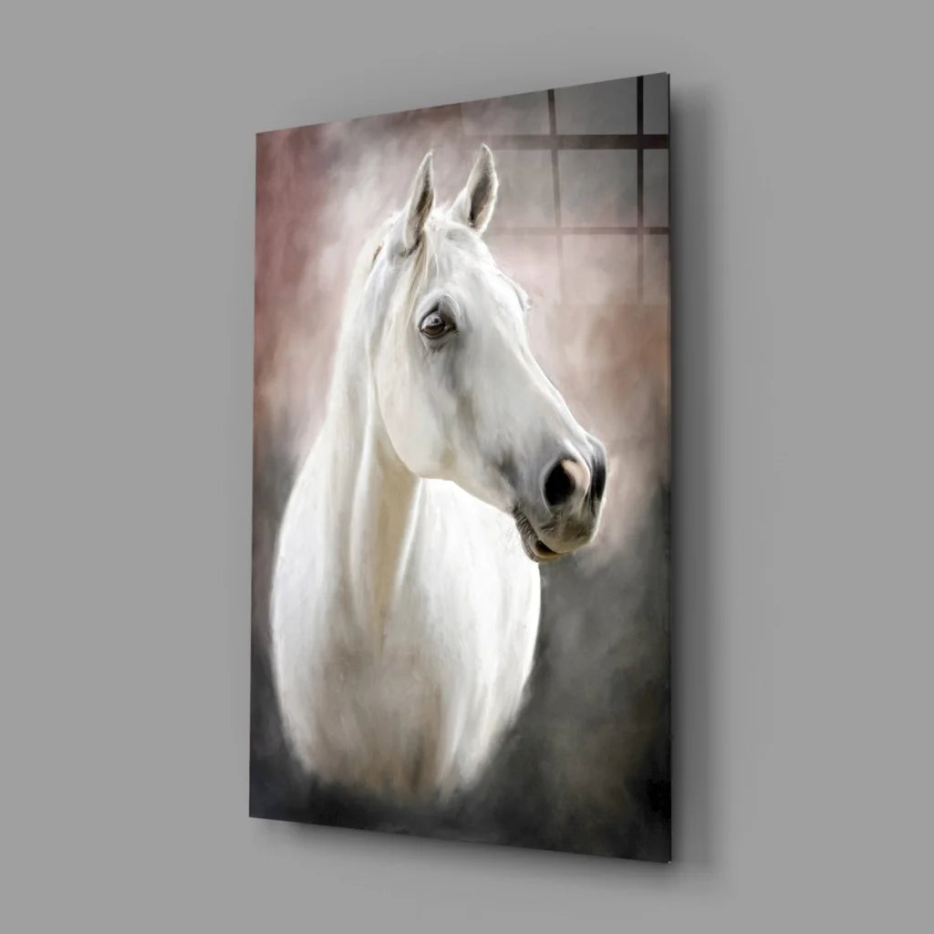 Majestic White Horse Canvas Wall Art With Dreamy Brushstrokes | Glass Wall Art Print | vintageantiquesgifts.com