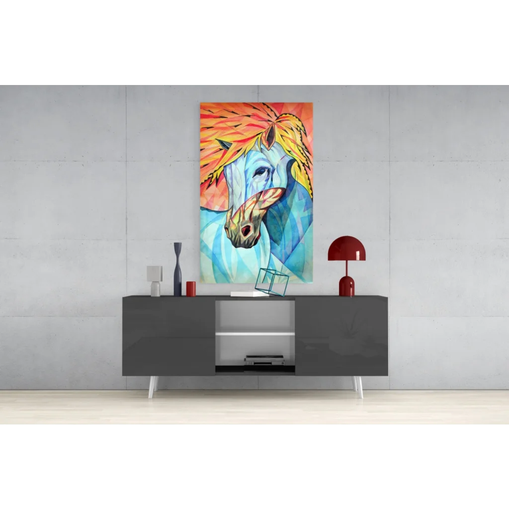 Vibrant fiery blue horse glass wall art with orange yellow mane