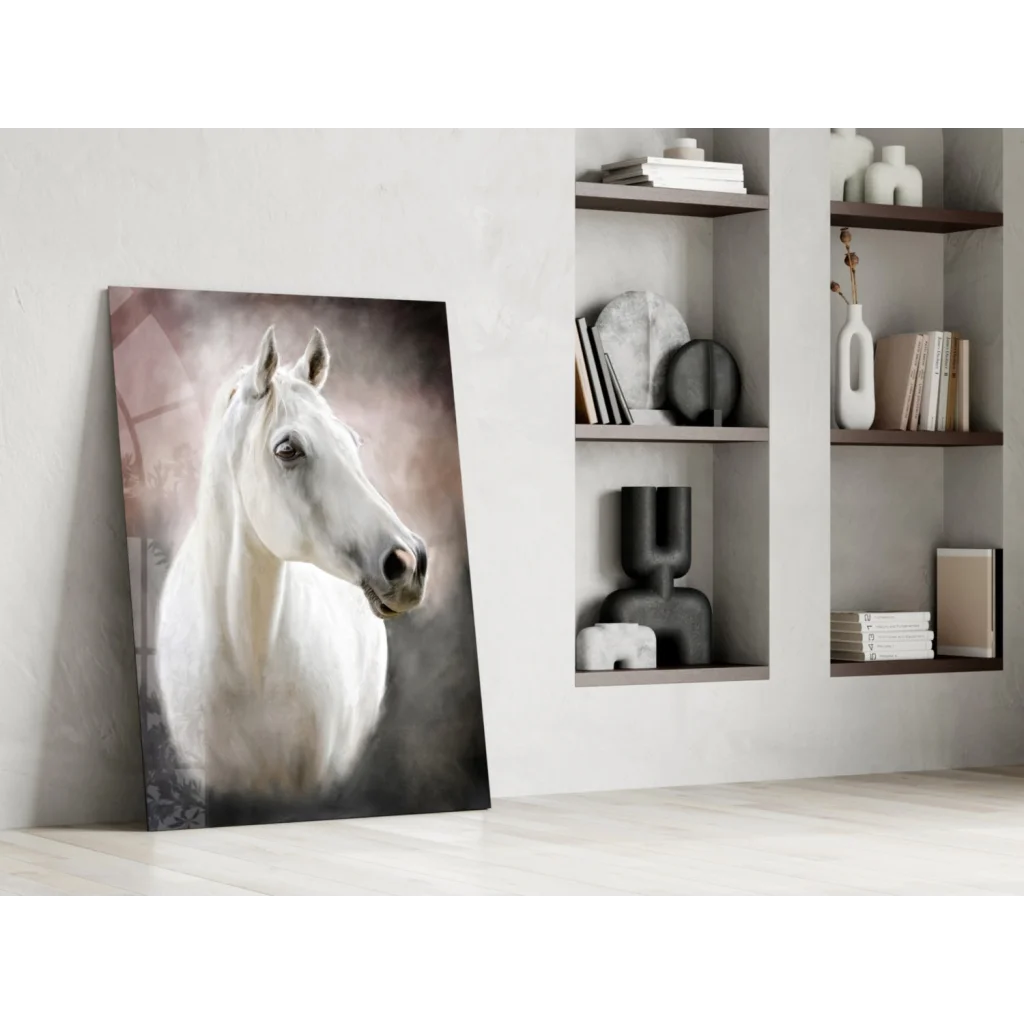 Majestic white horse canvas wall art with dreamy brushstrokes