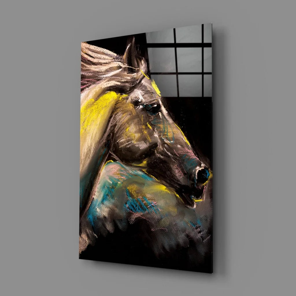Vibrant abstract horse glass wall art in electric yellow and teal