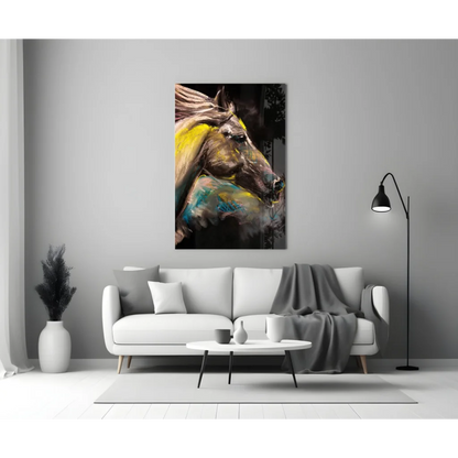 Vibrant abstract horse glass wall art in electric yellow and teal