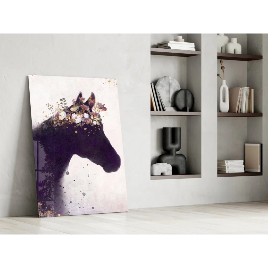 Purple floral horse silhouette wall art canvas with gold splatter