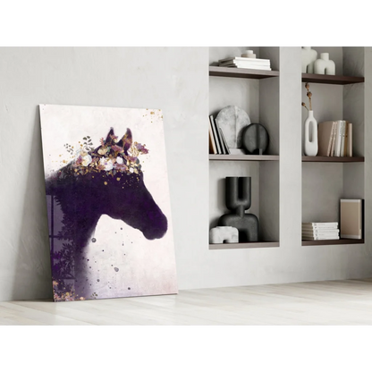 Purple floral horse silhouette wall art canvas with gold splatter