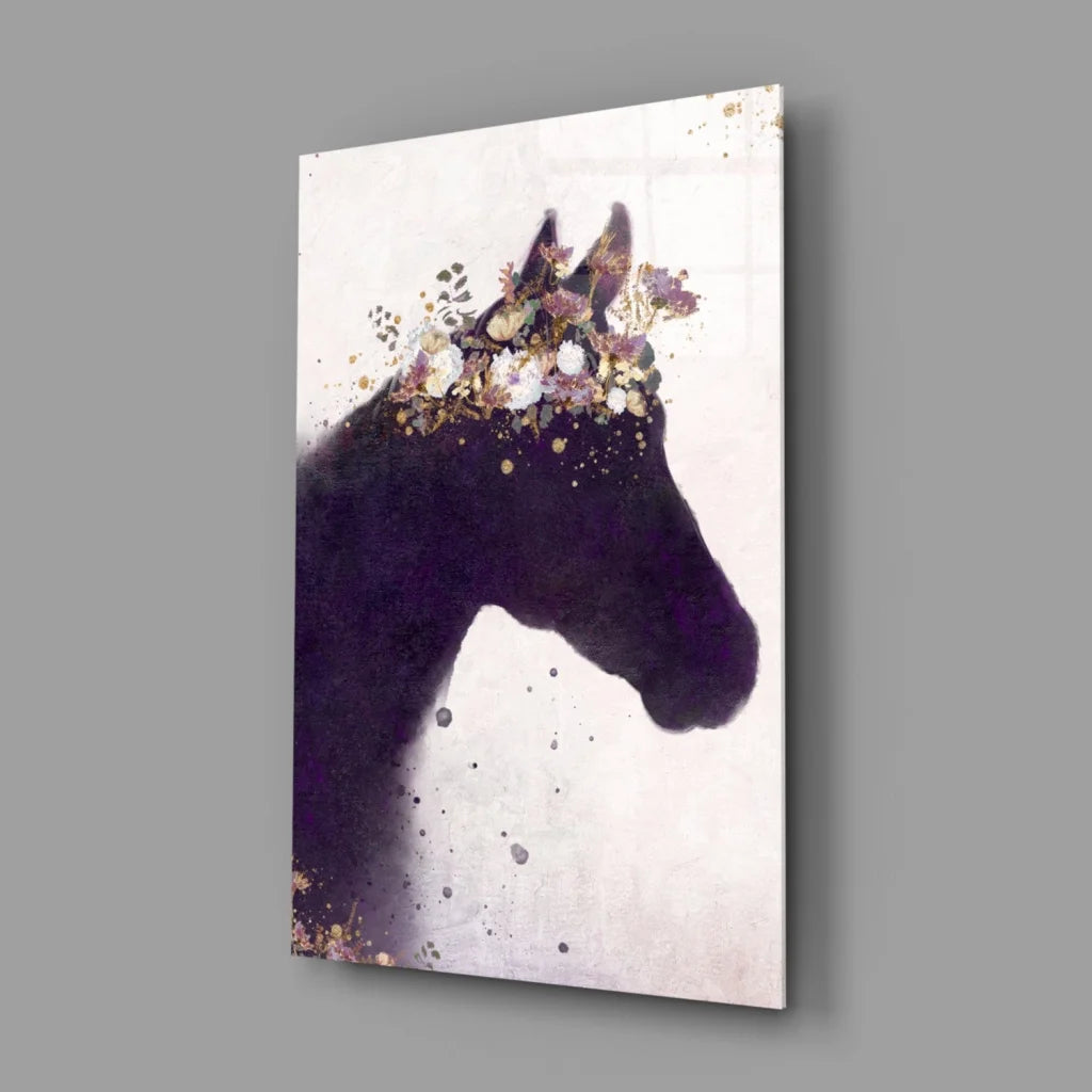 Purple floral horse silhouette canvas wall art in gold tones