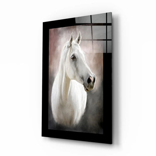 Stunning white horse glass wall art in black frame