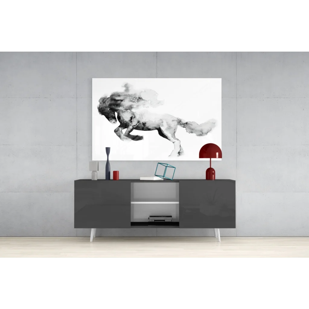 Black and white abstract galloping horse watercolor wall art on canvas