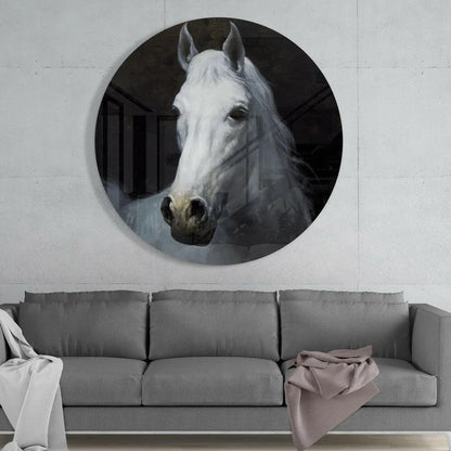 Majestic White Horse Tempered Glass Art Circle | Glass Wall Art Print | vintageantiquesgifts.com