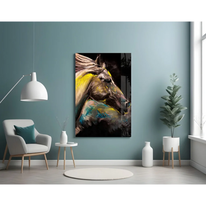 Vibrant abstract horse glass wall art in yellow and teal on dark canvas