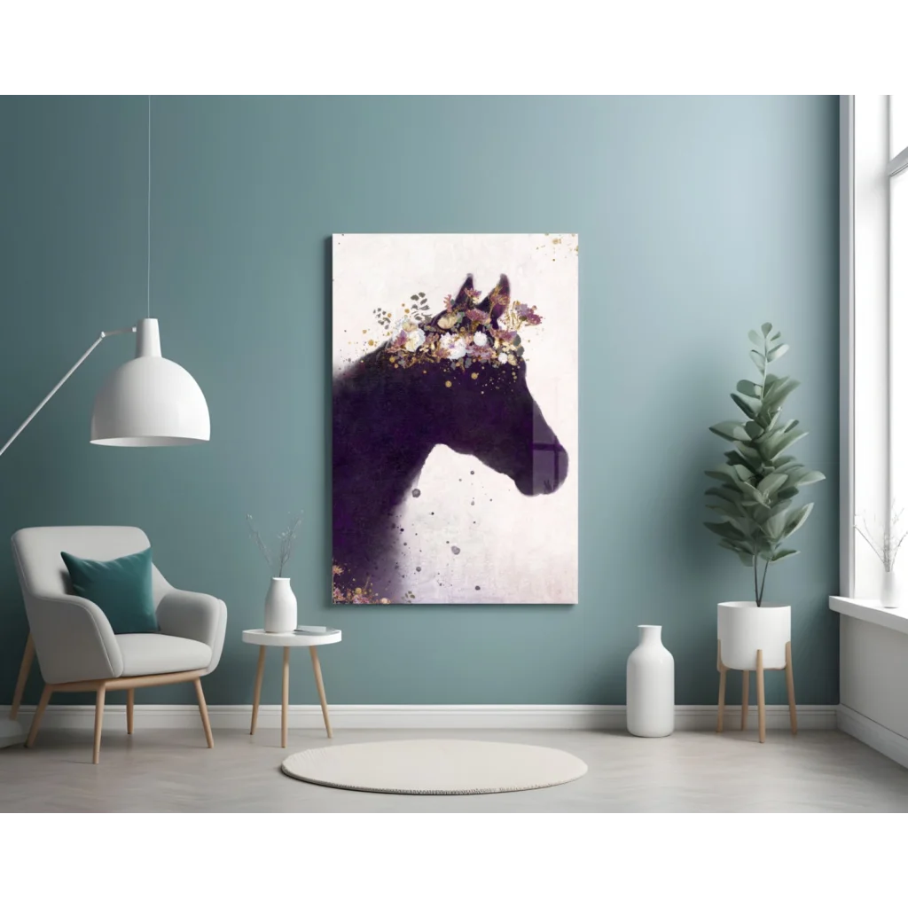 Purple floral horse silhouette canvas wall art in gold accents
