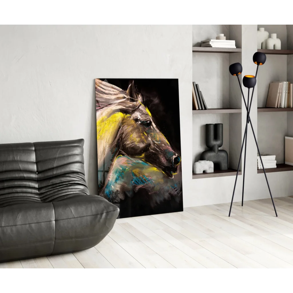 Vibrant abstract horse glass wall art in electric yellow and teal on dark canvas