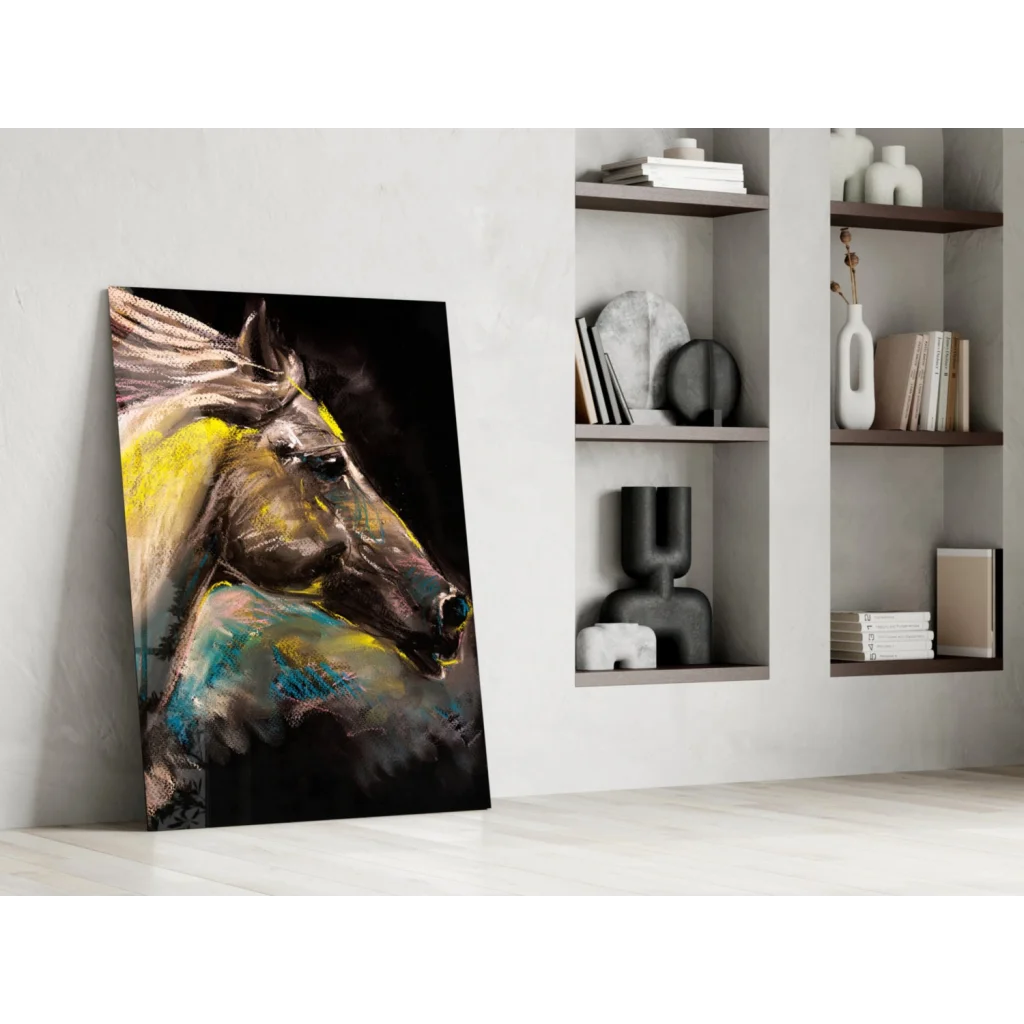 Vibrant abstract horse glass wall art in electric yellow, teal, and brown on black