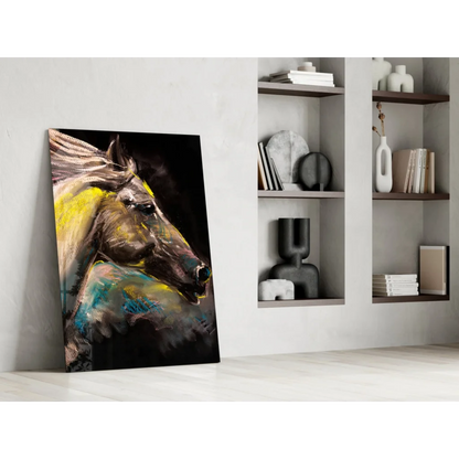 Vibrant abstract horse glass wall art in electric yellow, teal, and brown on black