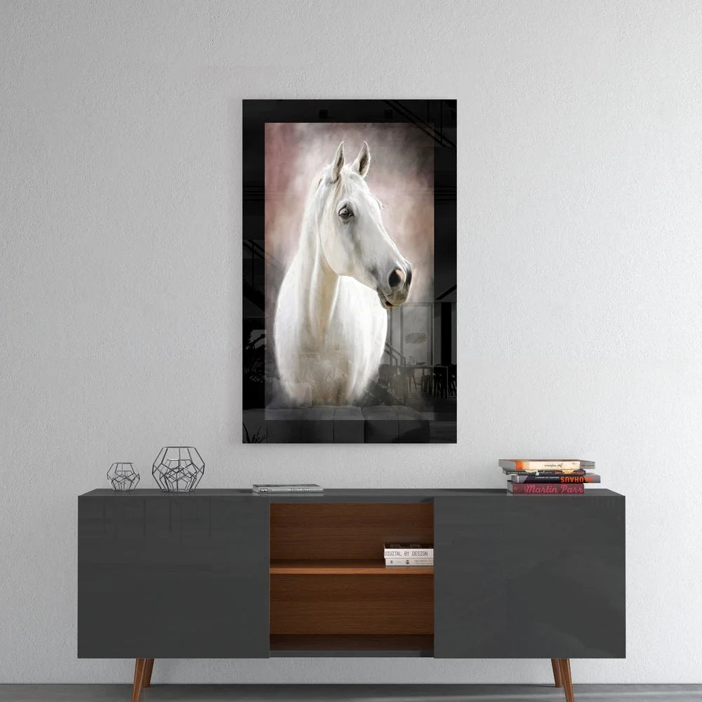 Stunning white horse glass wall art in black frame portrait