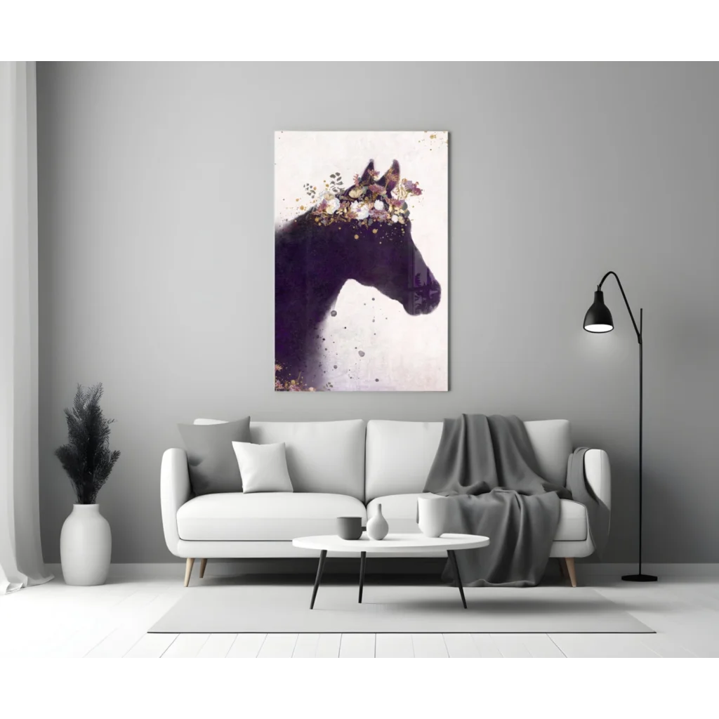 Stylized purple floral horse silhouette canvas wall art on white background