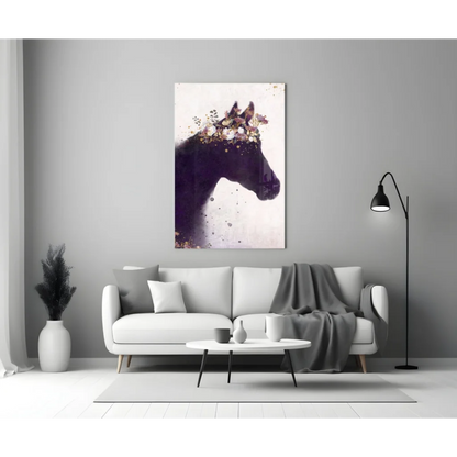 Stylized purple floral horse silhouette canvas wall art on white background