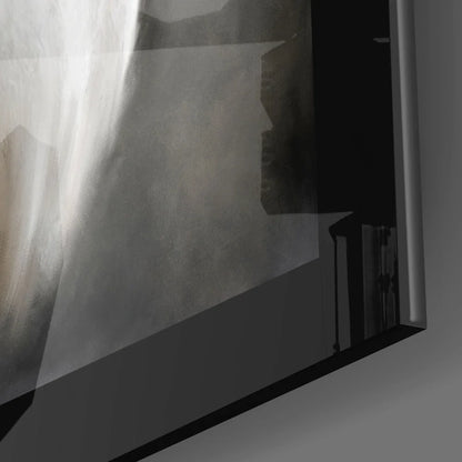 Black-framed grayscale abstract glass wall art with textured imagery