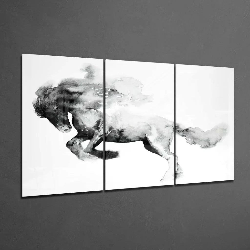 Black and white watercolor galloping horse triptych wall art