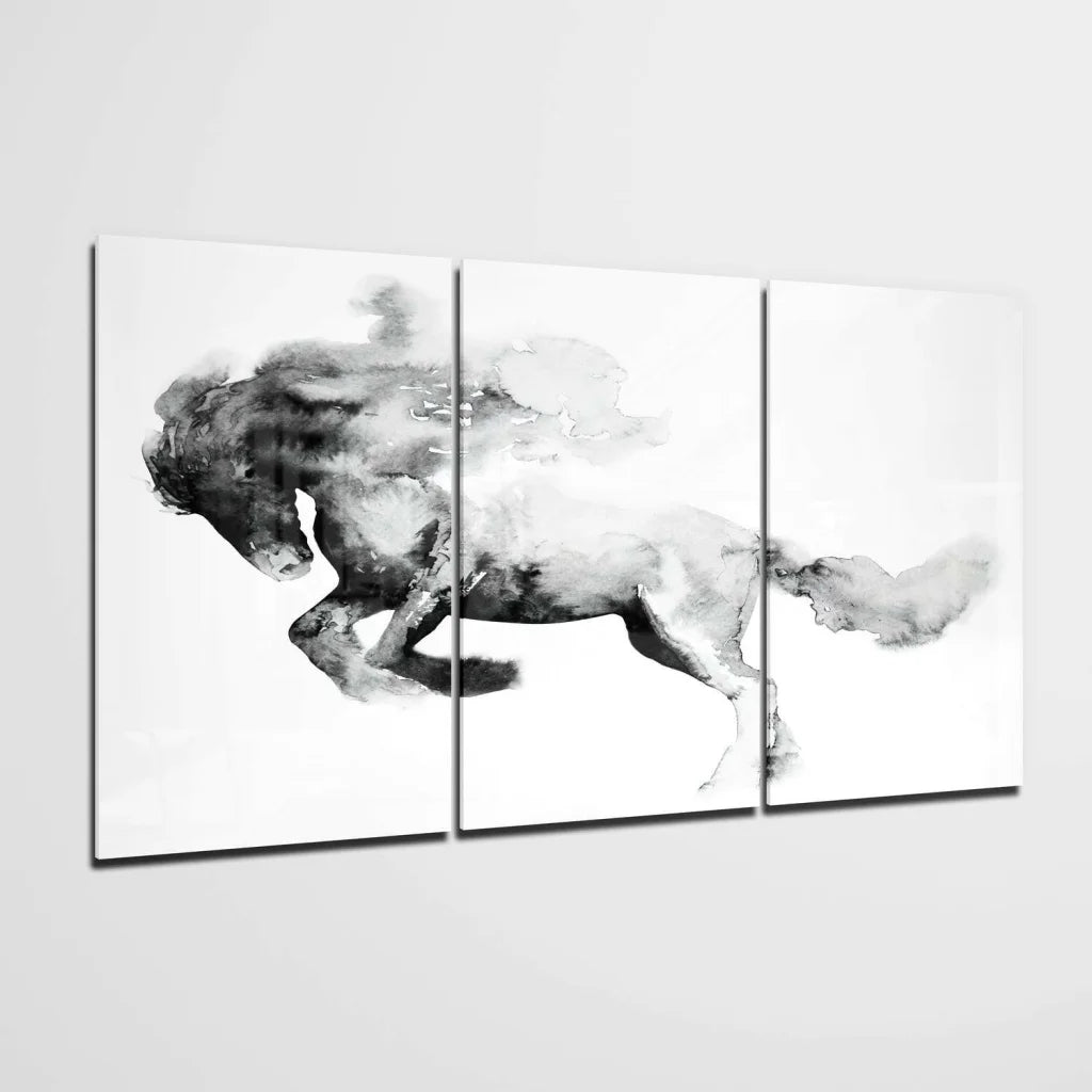 Bold black and white watercolor galloping horse triptych wall art on canvas panels