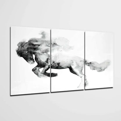Bold black and white watercolor galloping horse triptych wall art on canvas panels