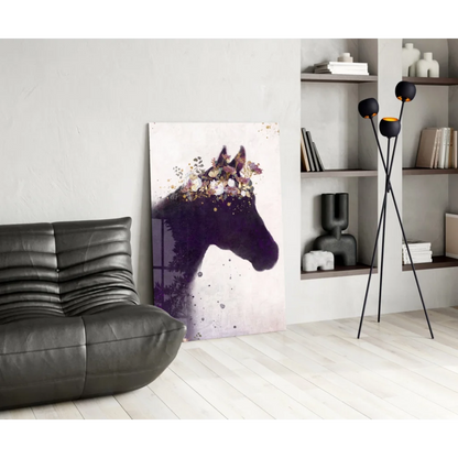 Stylized purple floral horse silhouette canvas wall art on white background