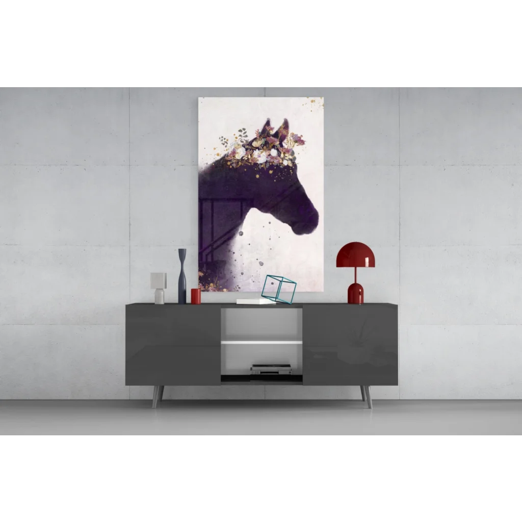 Modern purple floral horse silhouette canvas wall art on white background