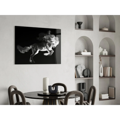 Dynamic black-and-white galloping horse on glass wall art print