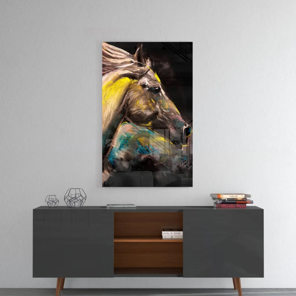 Vibrant abstract horse glass wall art in yellow and teal on dark canvas