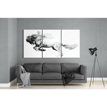 Bold black and white watercolor galloping horse triptych wall art