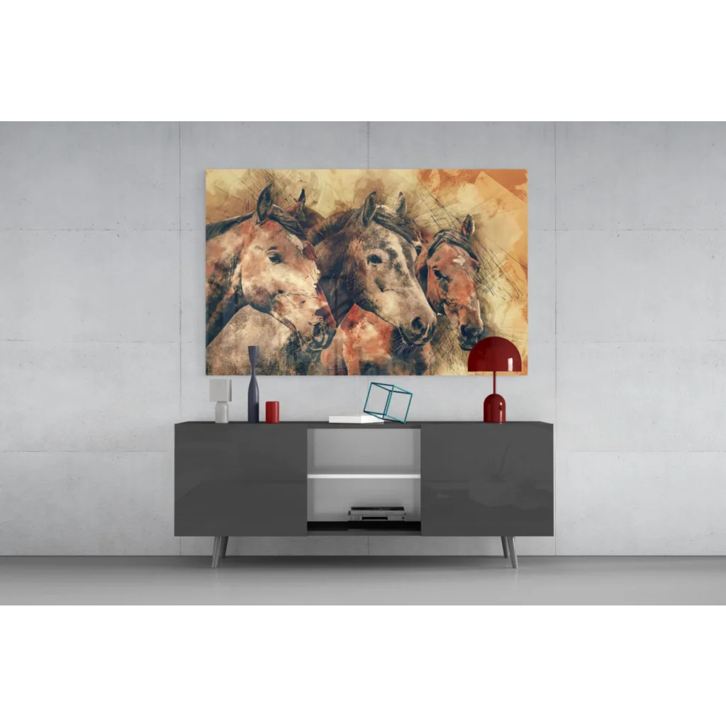 Vibrant three horses earthy tones wall art canvas painting above gray console