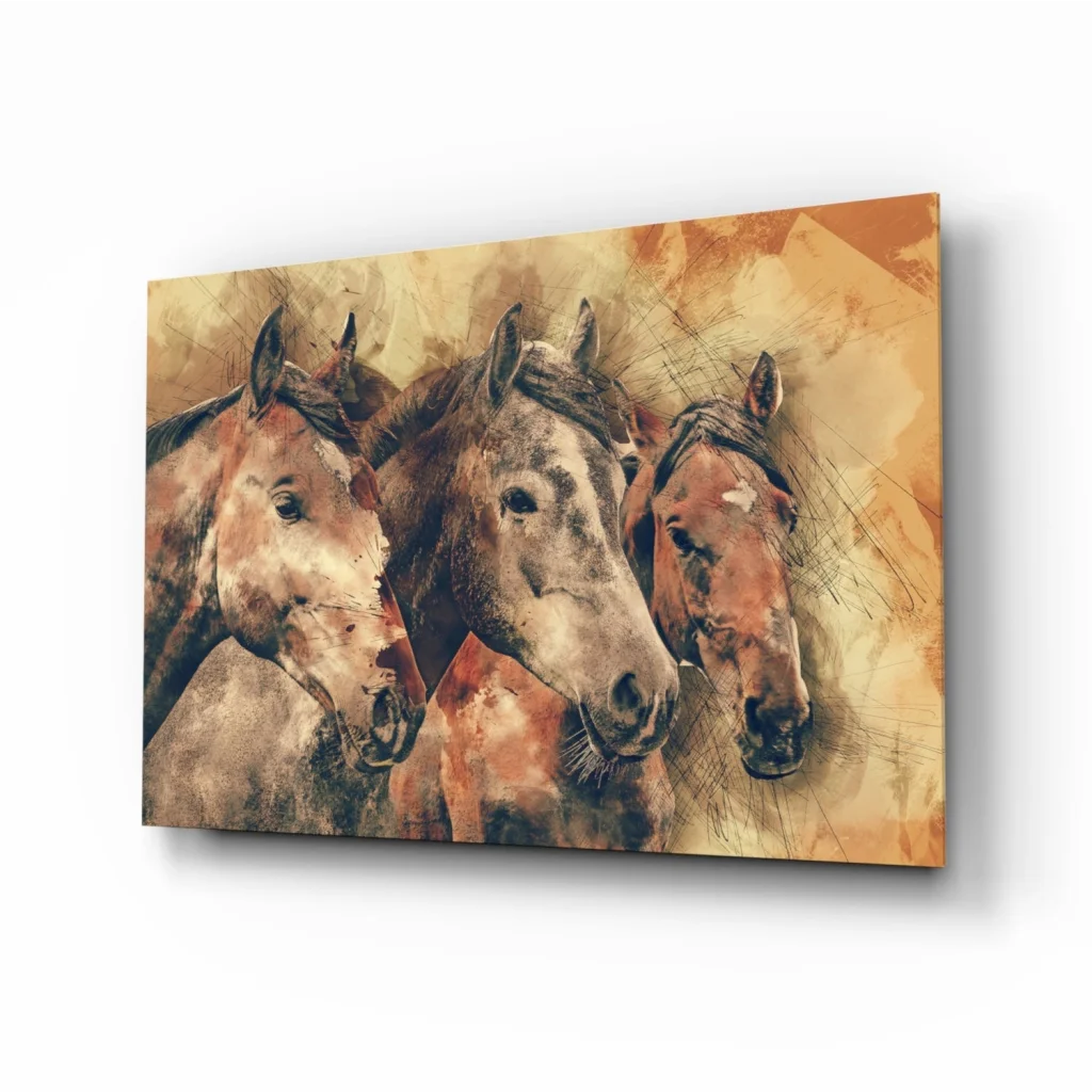 Three horses earthy tones watercolor canvas wall art print