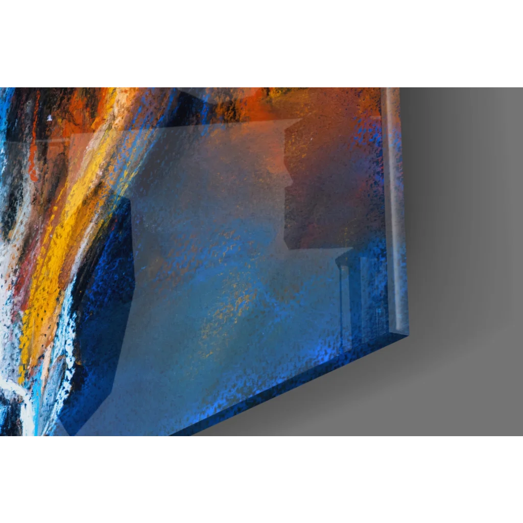 Vibrant abstract glass wall art with bold blue, orange, yellow strokes