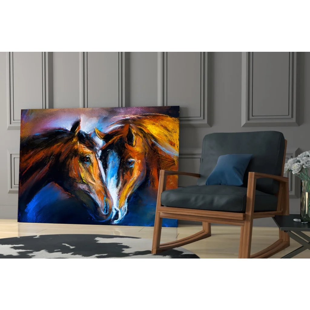 Vibrant abstract glass wall art of two horses in warm browns and golds on deep blue