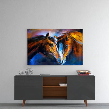 Vibrant abstract glass wall art of two horses in browns and blues