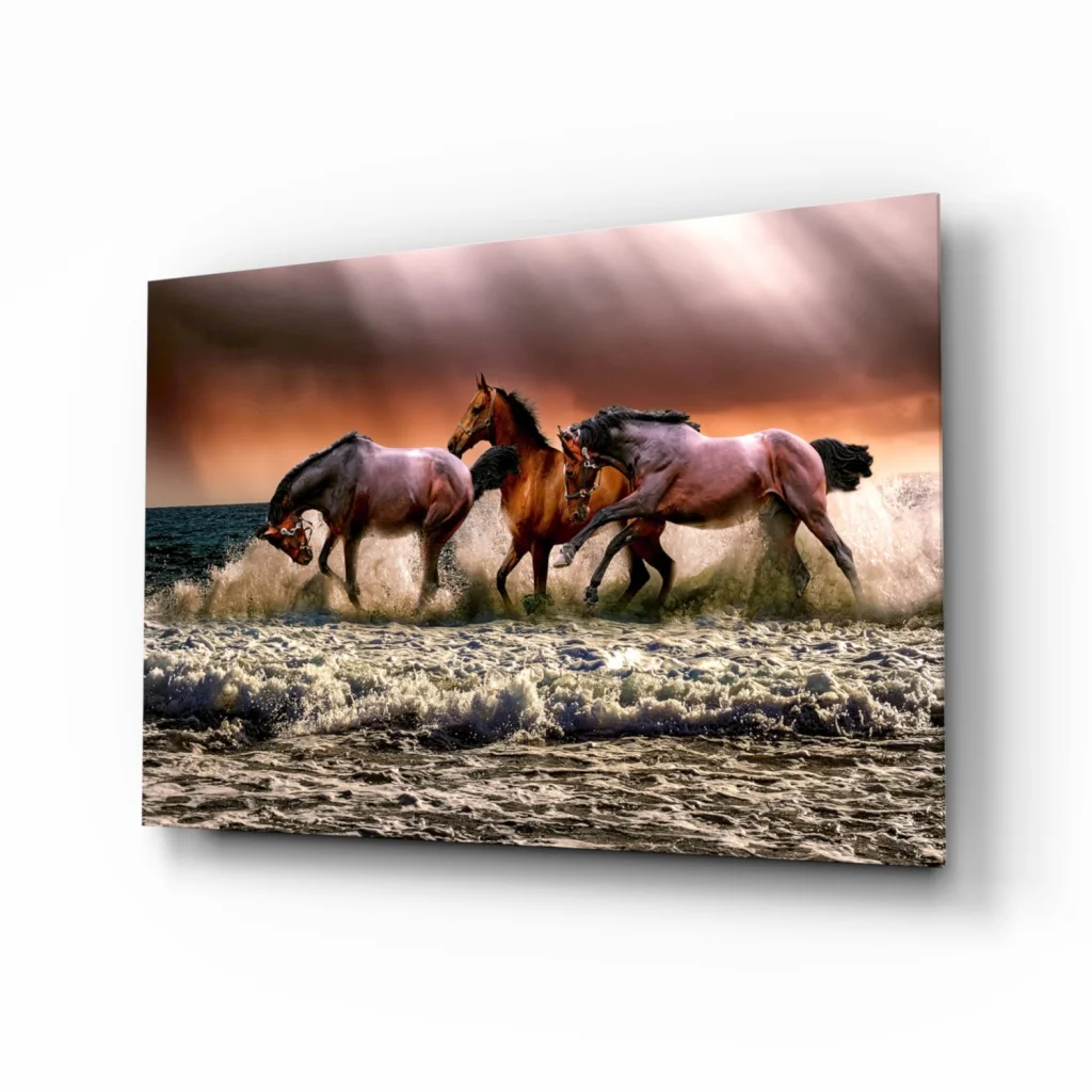 Horses galloping through crashing waves canvas wall art