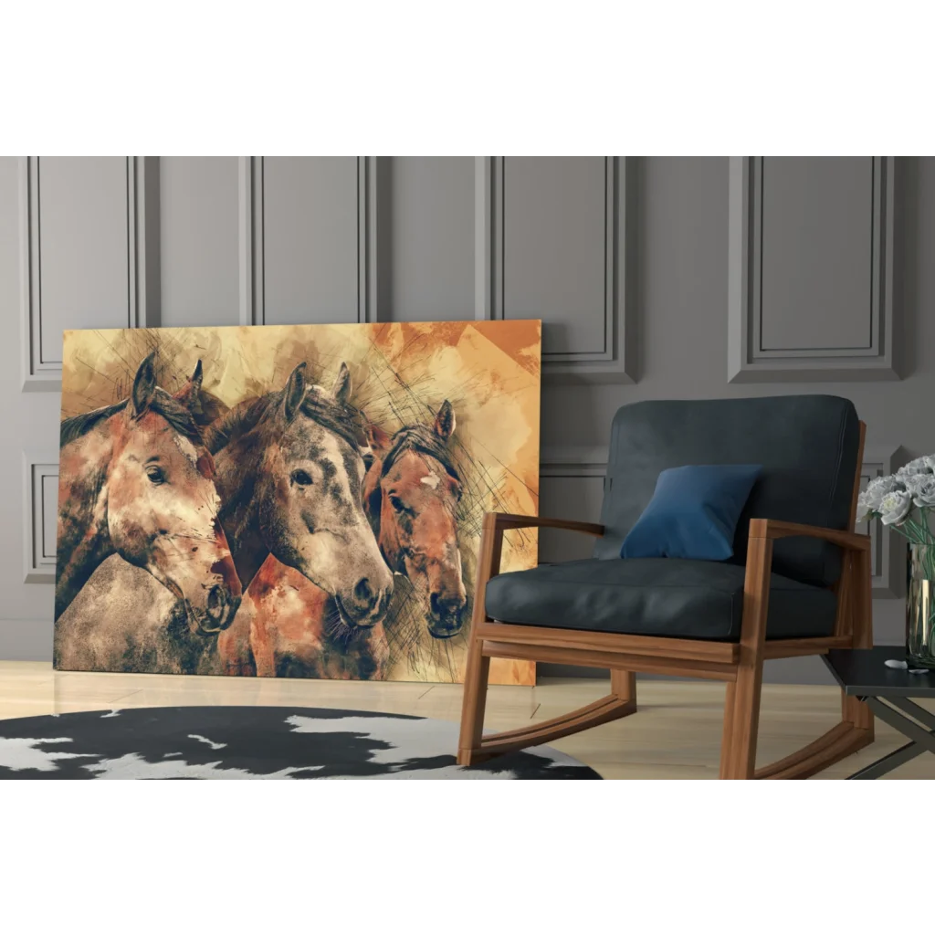 Vibrant watercolor three horses earthy tones canvas wall art
