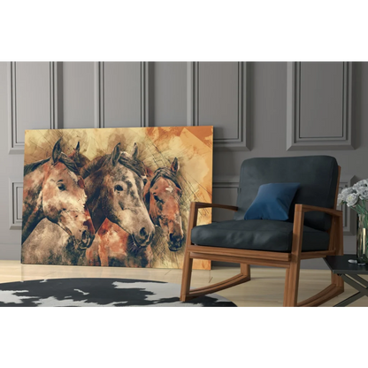 Vibrant watercolor three horses earthy tones canvas wall art