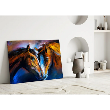 Vibrant abstract glass wall art of two horses in browns and blues