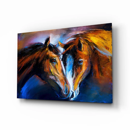 Vibrant abstract glass wall art of two horses with brown and golden manes on blue purple background