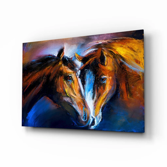 Vibrant abstract glass wall art of two horses with brown and golden manes on blue purple background