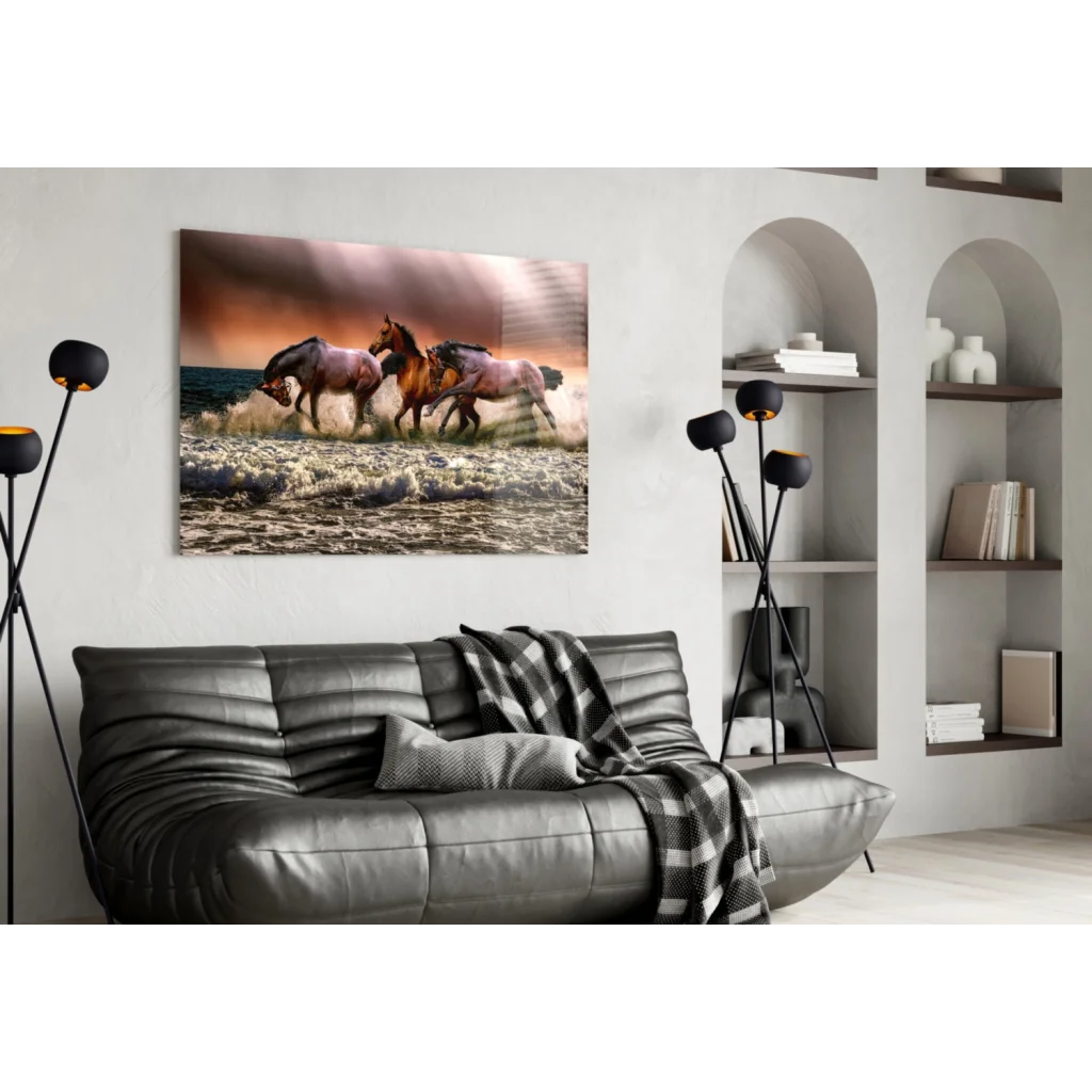 Three wild horses galloping through crashing waves wall art canvas print