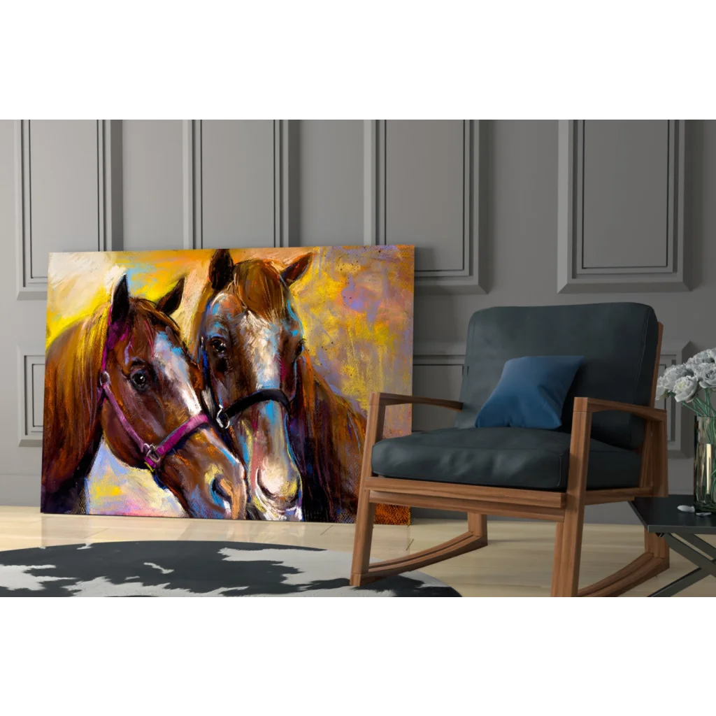 Vibrant abstract glass wall art of two horses in warm brown tones