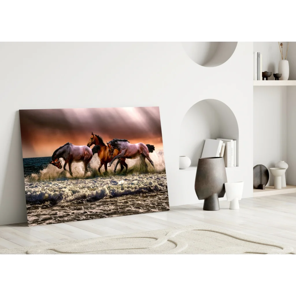 Vibrant horses galloping through crashing waves canvas wall art