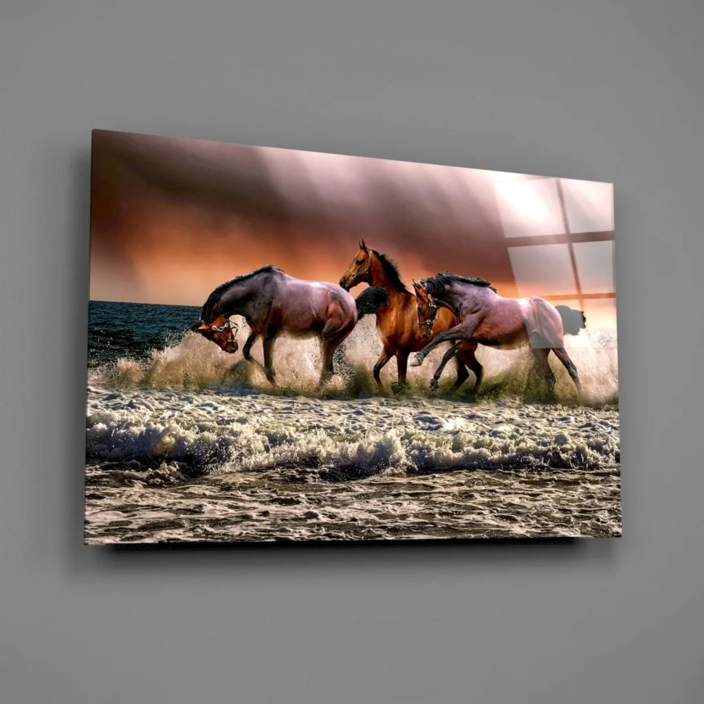 Vibrant canvas wall art of horses galloping through crashing waves at sunset