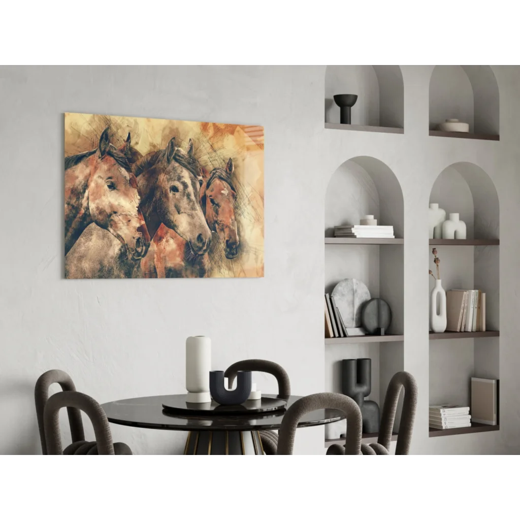 Three horses earthy tones watercolor canvas wall art