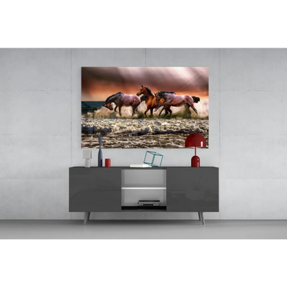Vibrant horses galloping through stormy waves canvas wall art